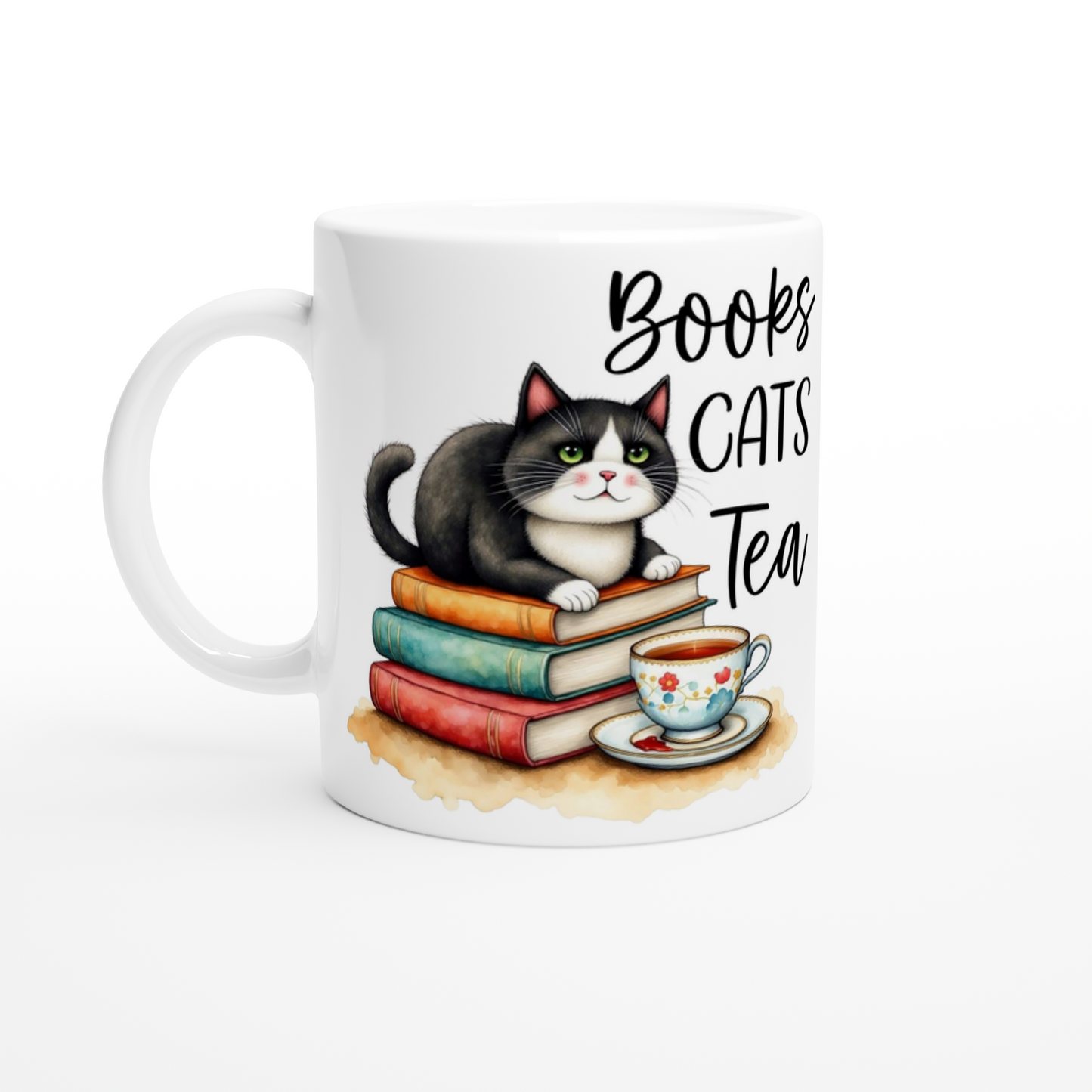 Books, Cats, Tea Ceramic 11 oz Novelty Mug white 