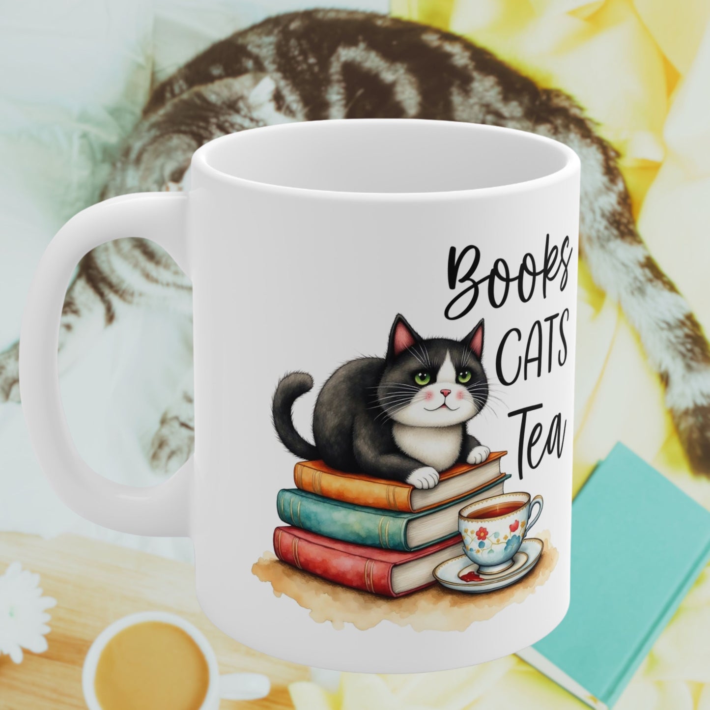 Books Cats Tea Ceramic mug- Perfect for Bookish Cat Lovers handle left side