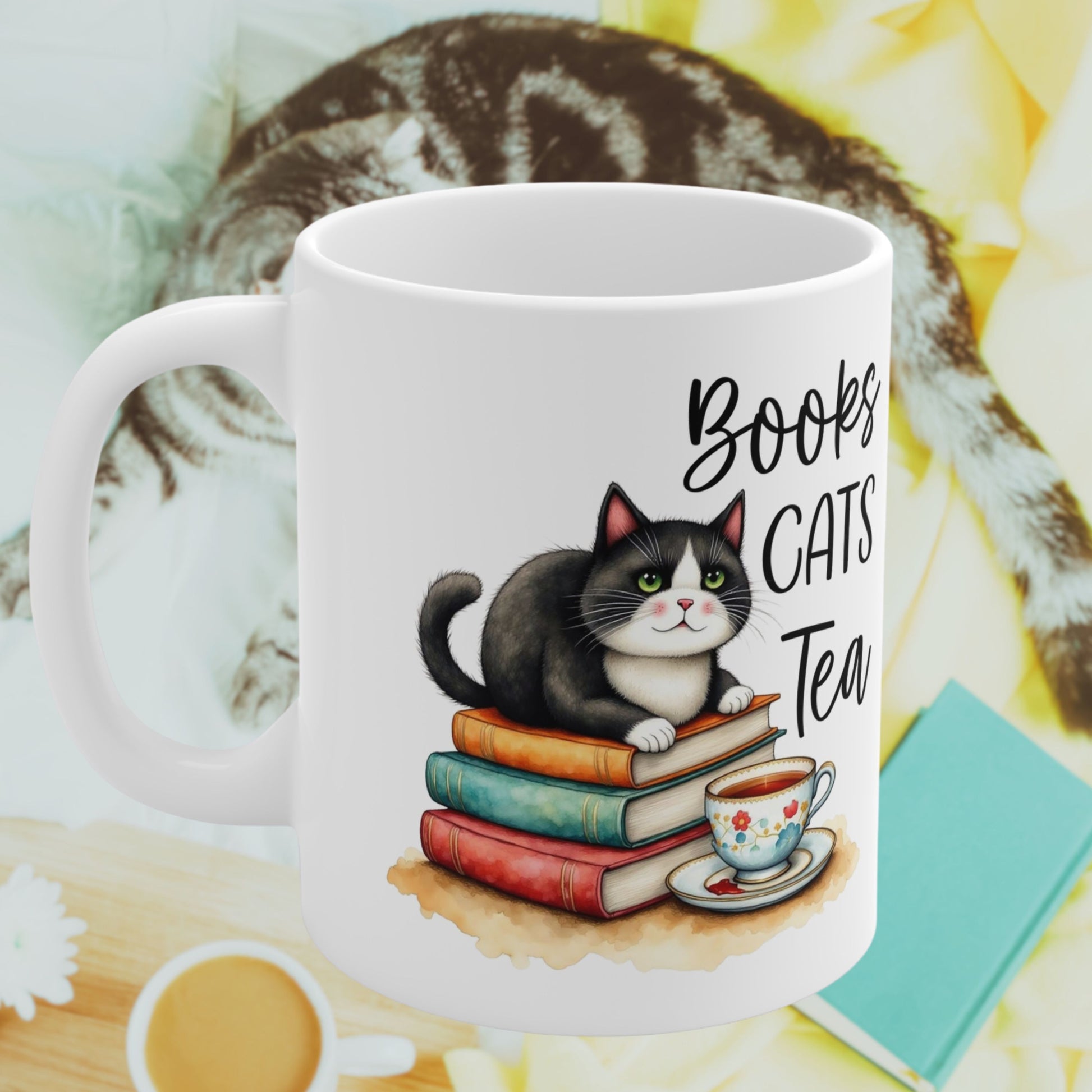 Books Cats Tea Ceramic mug- Perfect for Bookish Cat Lovers handle left side