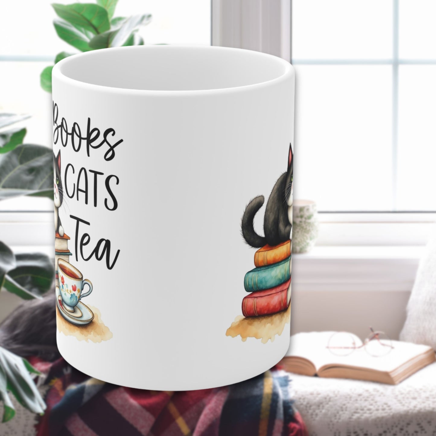Books Cats Tea Ceramic mug- Perfect for Bookish Cat Lovers handle awa from viewer