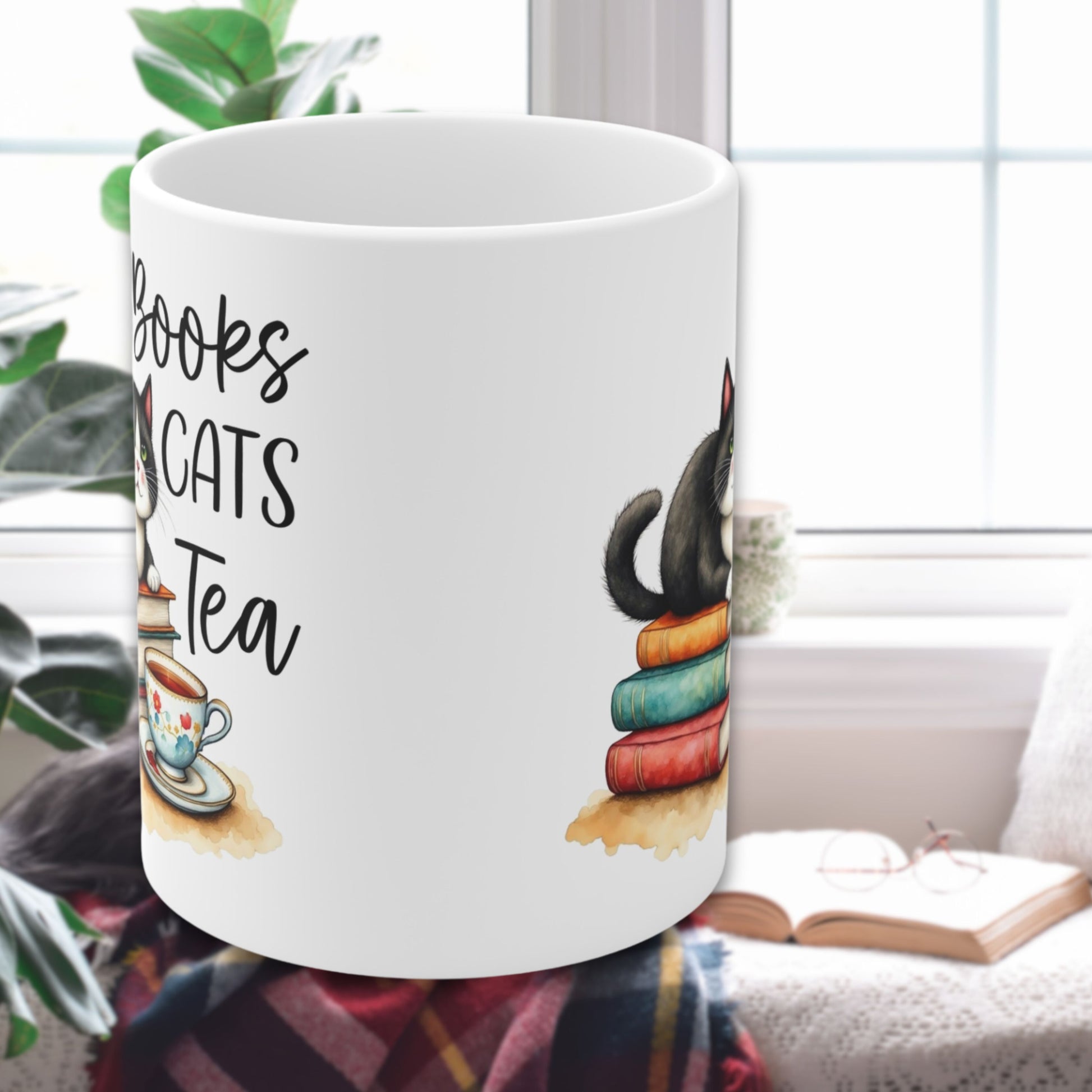 Books Cats Tea Ceramic mug- Perfect for Bookish Cat Lovers handle awa from viewer