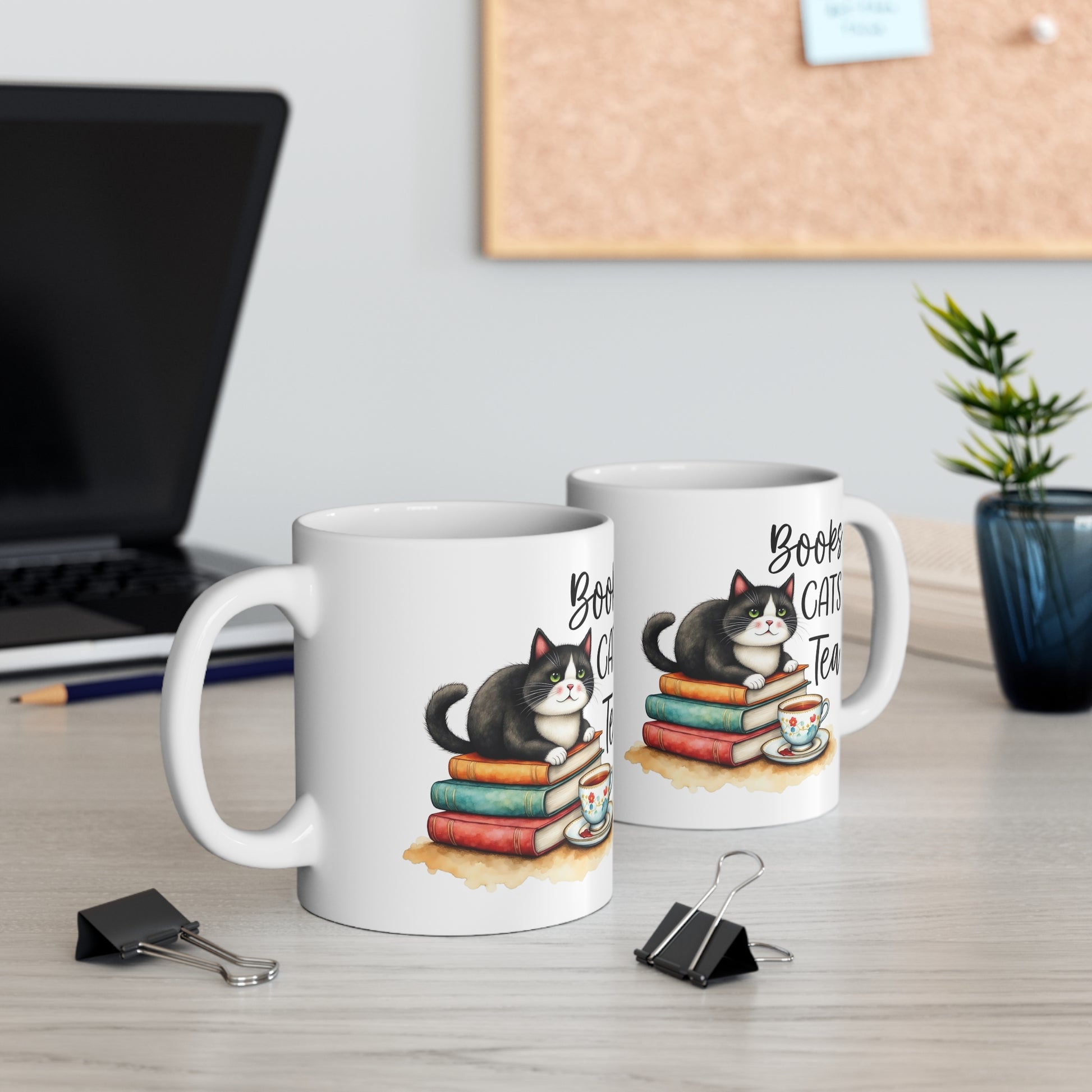 Books Cats Tea Ceramic mug- Perfect for Bookish Cat Lovers context 2 mugs