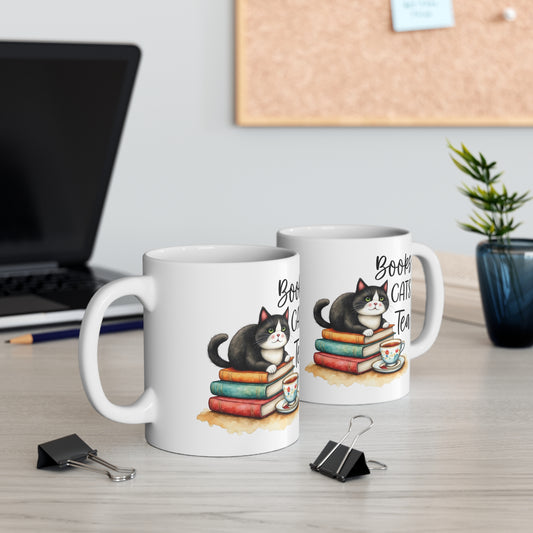 Books Cats Tea Ceramic mug- Perfect for Bookish Cat Lovers context 2 mugs