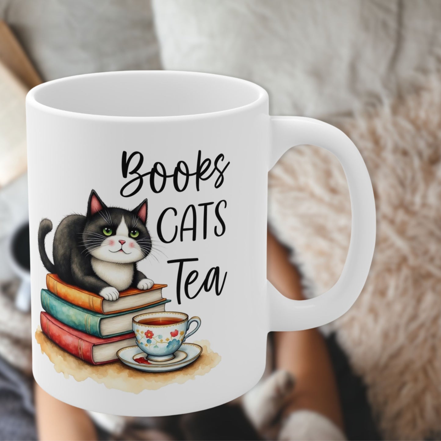 Books Cats Tea Ceramic mug- Perfect for Bookish Cat Lovers handle right side