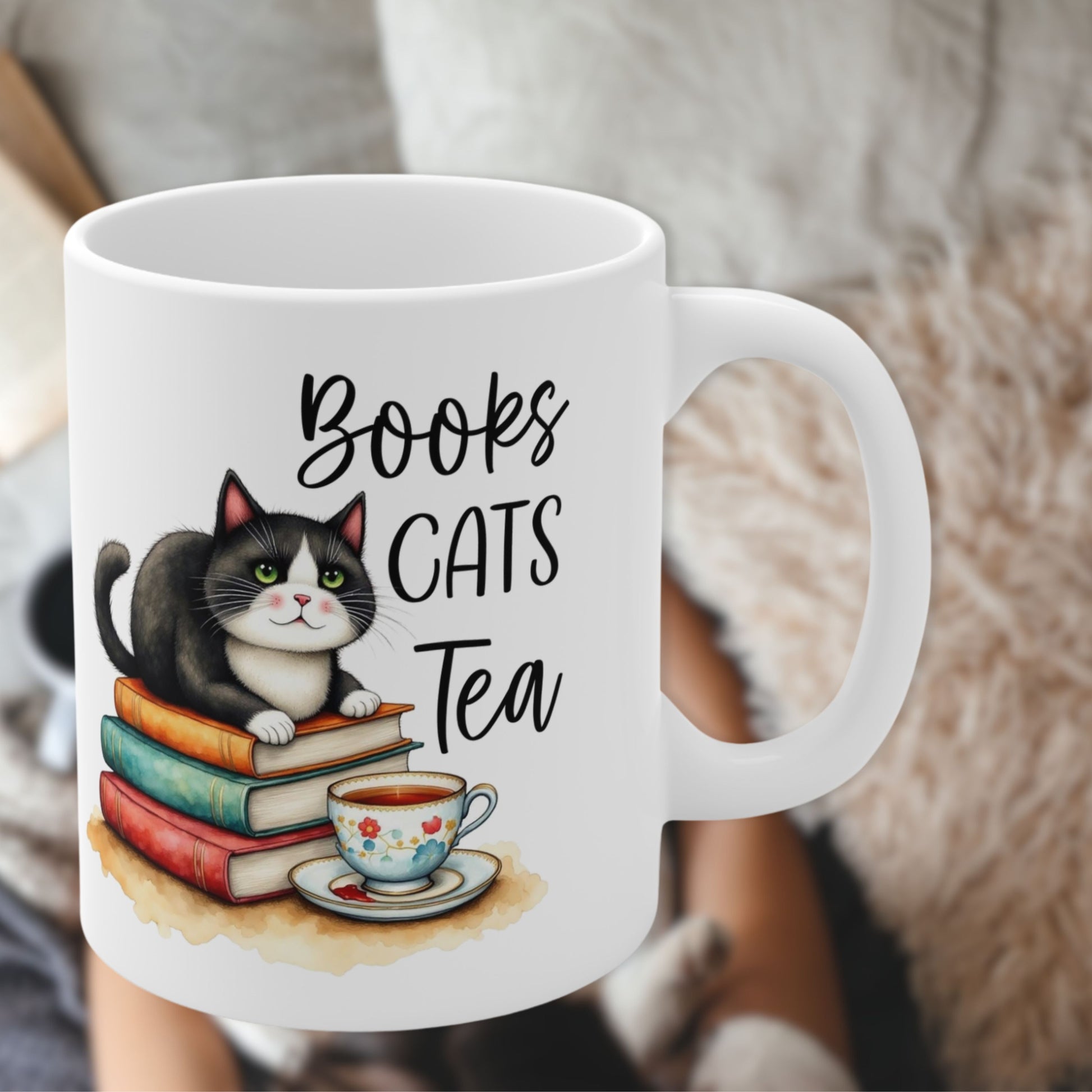 Books Cats Tea Ceramic mug- Perfect for Bookish Cat Lovers handle right side
