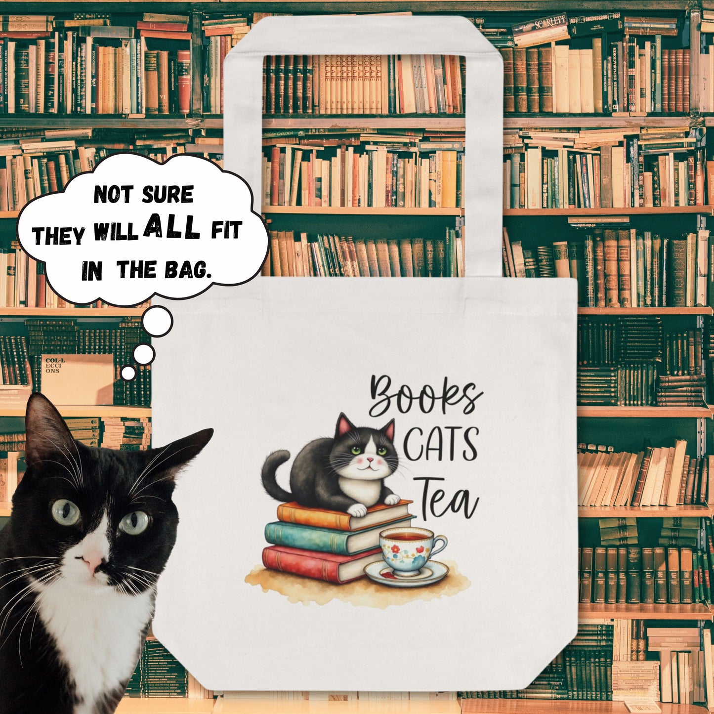 Books Cats Tea Cotton Tote Bag – Perfect Gift for Cat Lovers and Bookworms