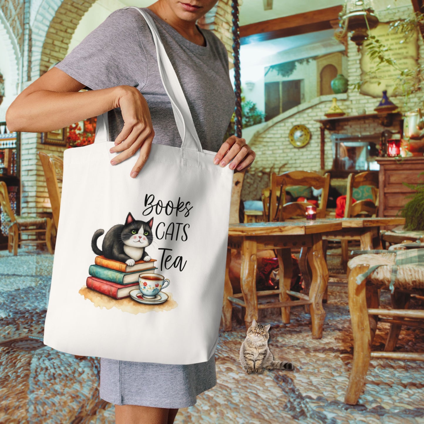 Books Cats Tea Cotton Tote Bag – Perfect Gift for Cat Lovers and Bookworms