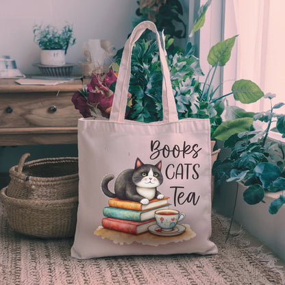 Books Cats Tea Cotton Tote Bag – Perfect Gift for Cat Lovers and Bookworms