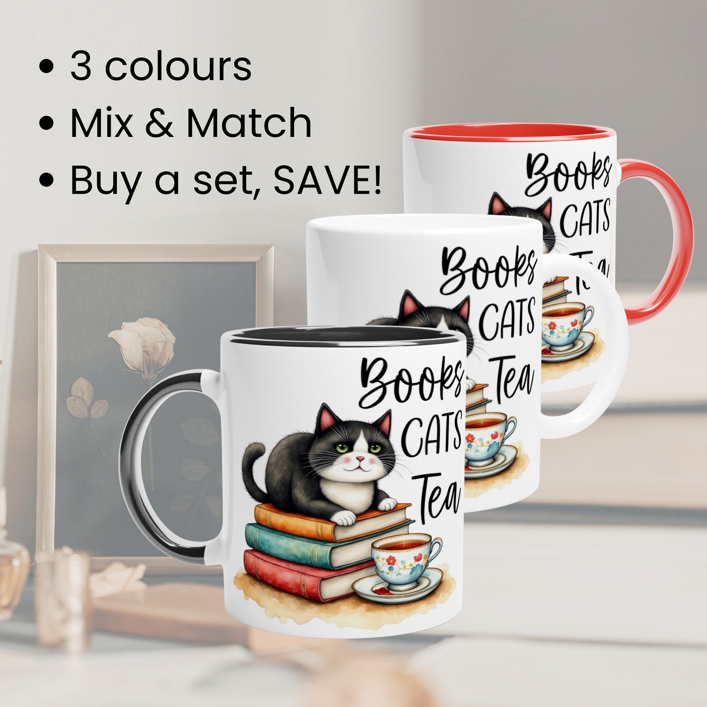 Three mugs with cat-themed designs on a cottagecore setting with text about color options and set purchases.