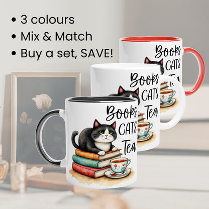Three mugs with cat-themed designs on a cottagecore setting with text about color options and set purchases.