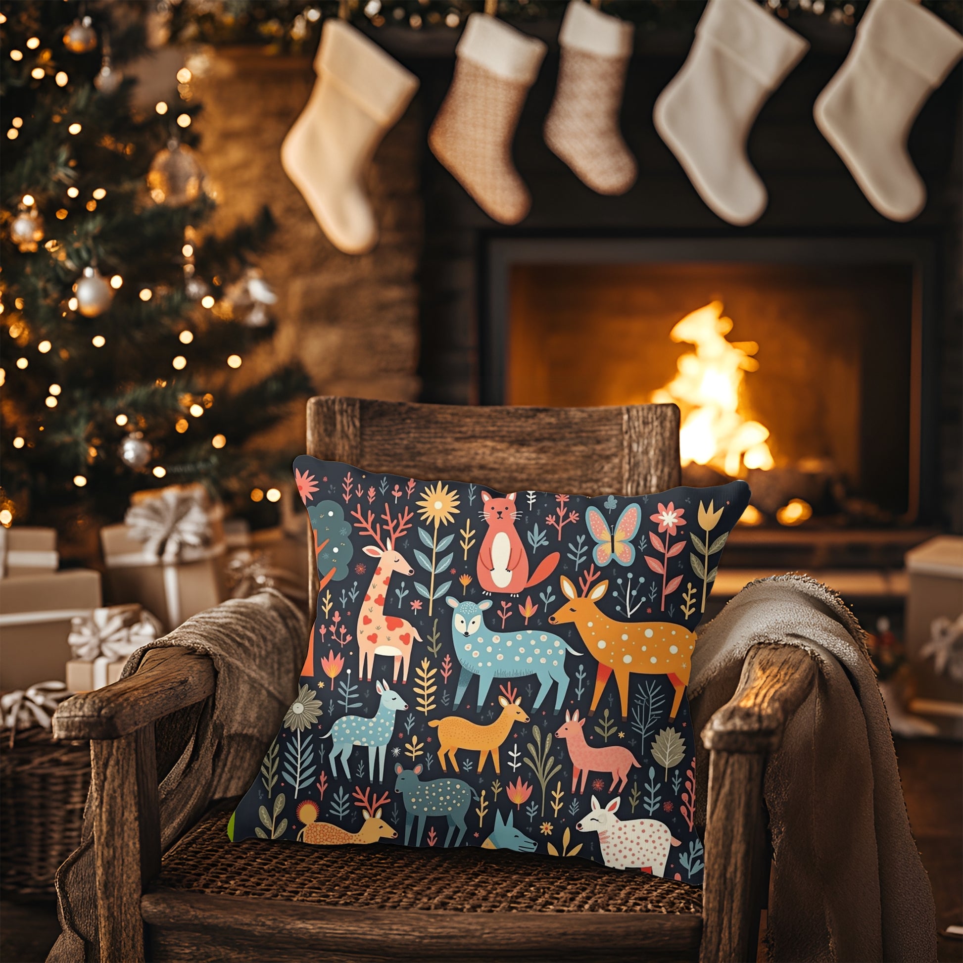 A small square throw pillow with a black background and pastel fantasy woodland animals in a forest filled with trees and flowers sits on a wooden chair in front of a fire place and Christmas Tree.