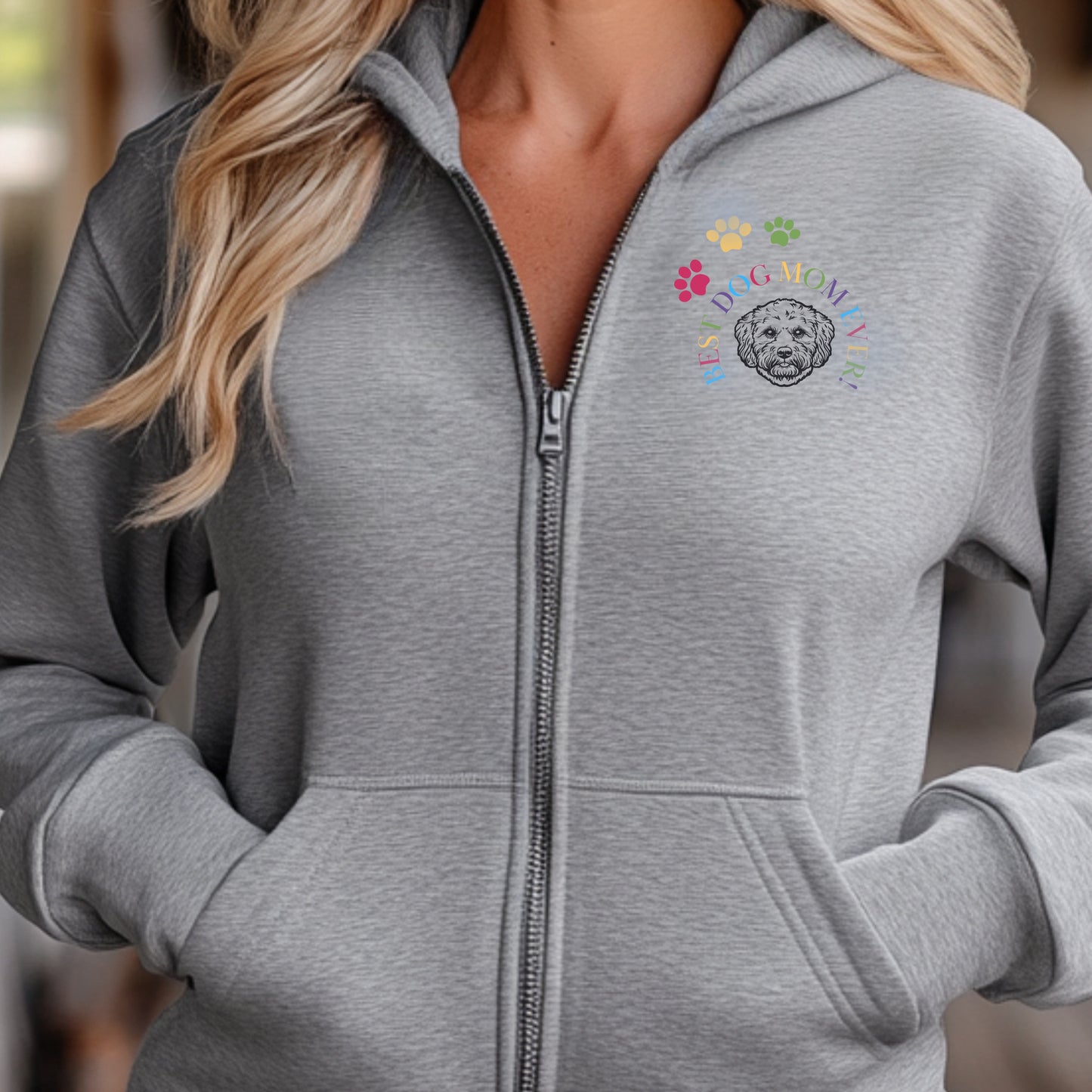 Classic Zip Hoodie | Embroidery| Best Dog Mom Ever! context sport grey