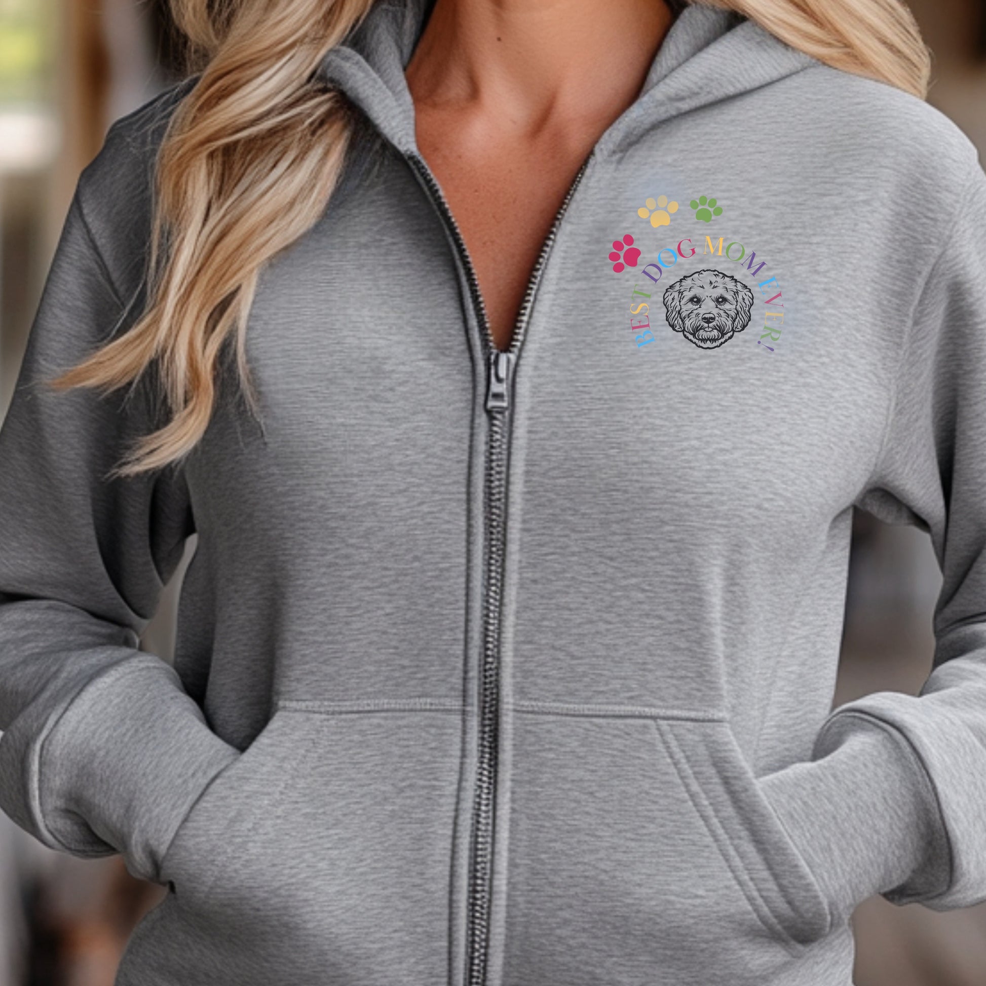Classic Zip Hoodie | Embroidery| Best Dog Mom Ever! context sport grey