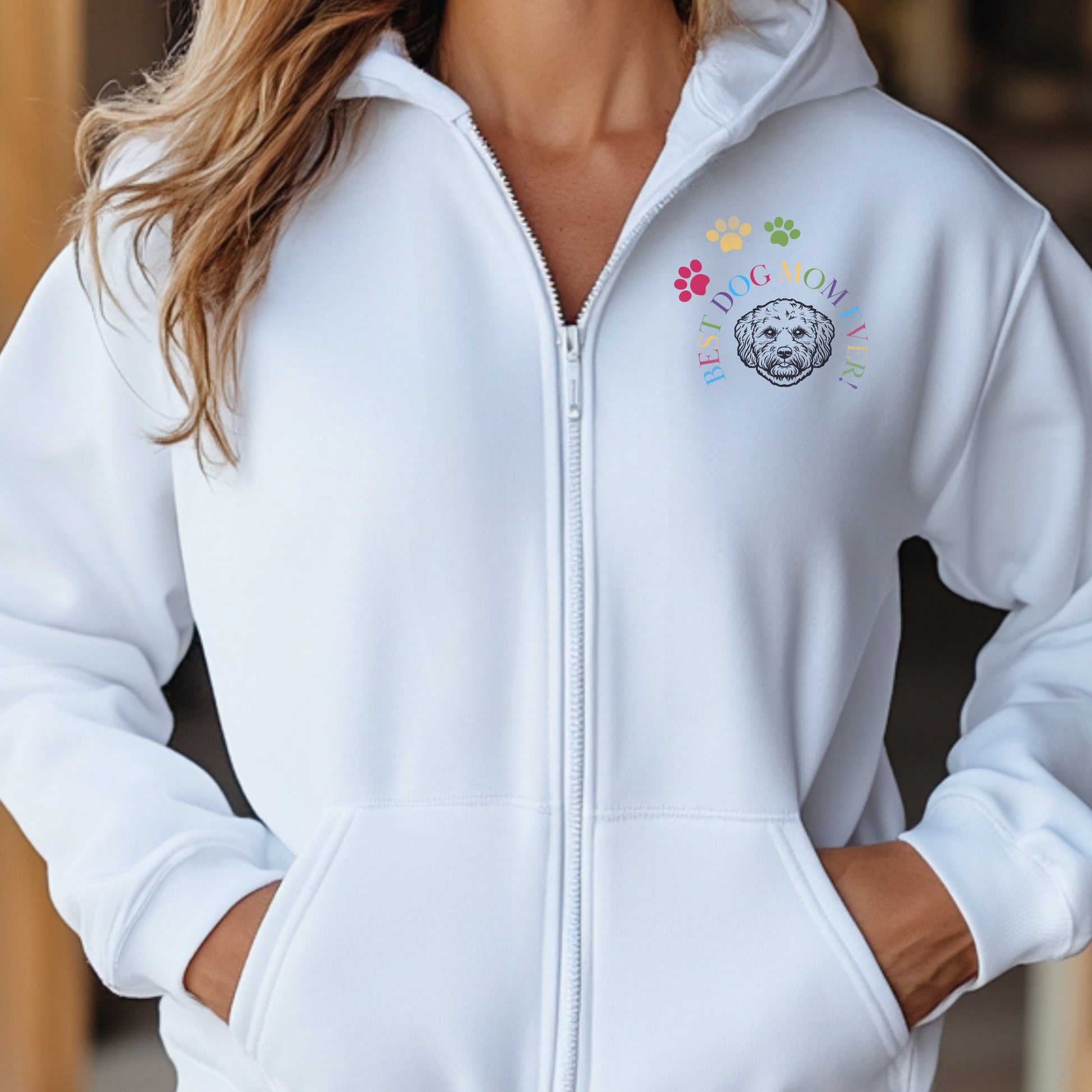 Classic Zip Hoodie | Embroidery| Best Dog Mom Ever! context white