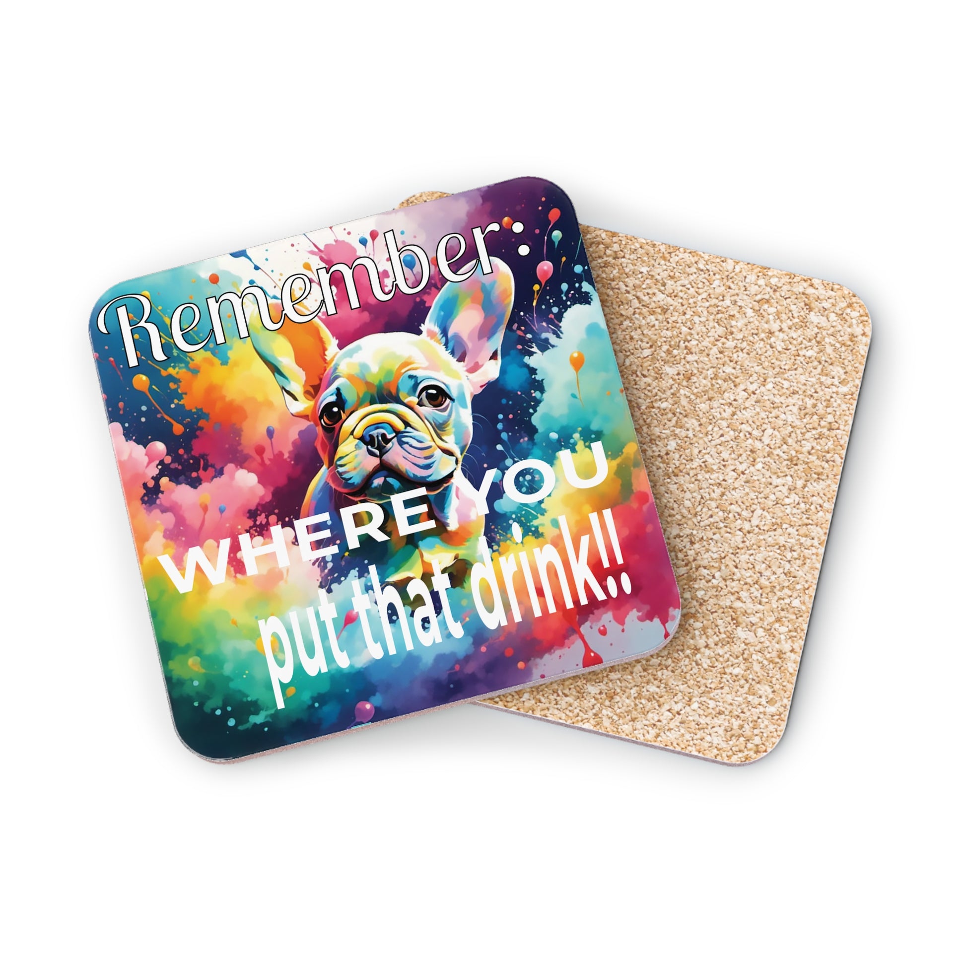 Colorful coaster with a dog illustration and humorous text. Coaster reverse side showing cork backing on a white background.