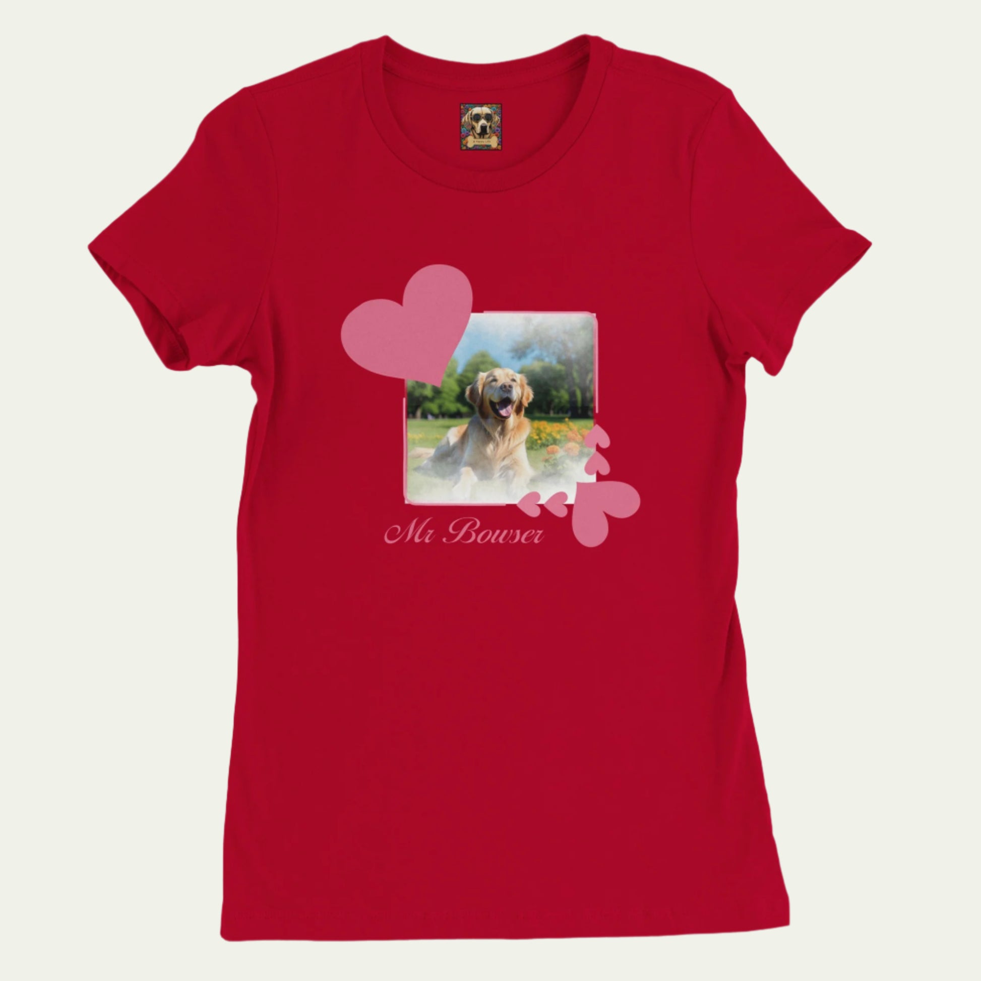 Crewneck Cotton T-shirt, Personalizable T-Shirt with Pink Heart Frame  to customize with a  Pet Photo - Red t-shirt
