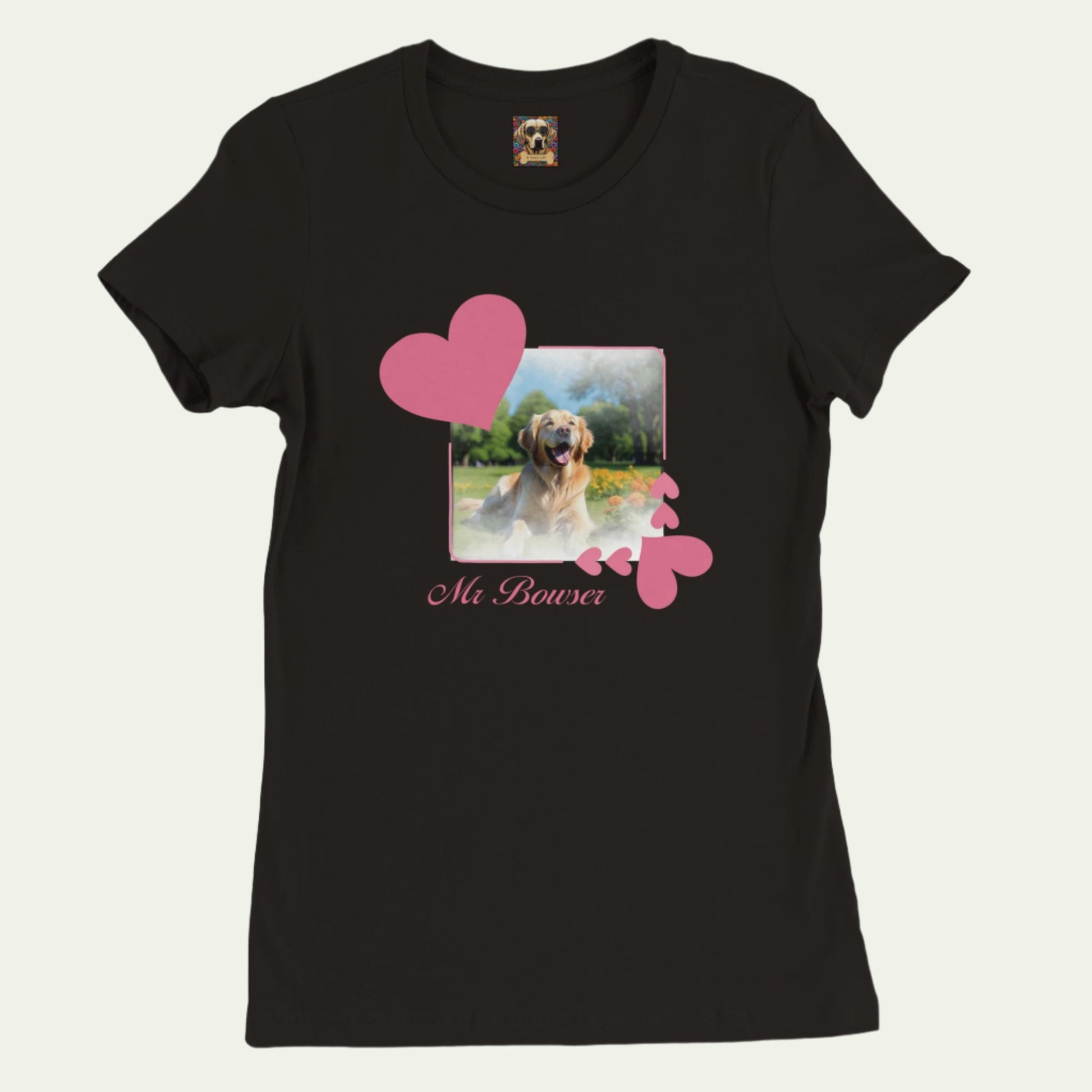 Crewneck Cotton T-shirt, Personalizable T-Shirt with Pink Heart Frame  to customize with a  Pet Photo - black t-shirt