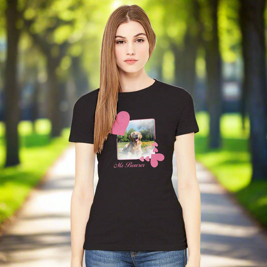 Crewneck Cotton T-shirt, Personalizable T-Shirt with Pink Heart Frame  to customize with a  Pet Photo - context