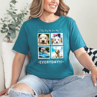 Woman sitting on a sofa wearing a teal Custom Dog Photo t-shirt with 4 photos of her cavoodle. The text is 'My Dog Has her Day, everyday!!!'