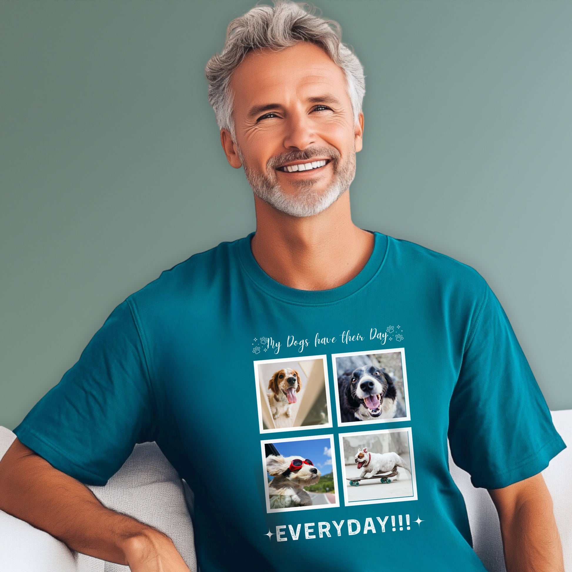 Man sitting on a sofa wearing a teal Custom Dog Photo t-shirt with 4 photos of his dogs. The text is 'My Dogs have their Day, everyday!!!'