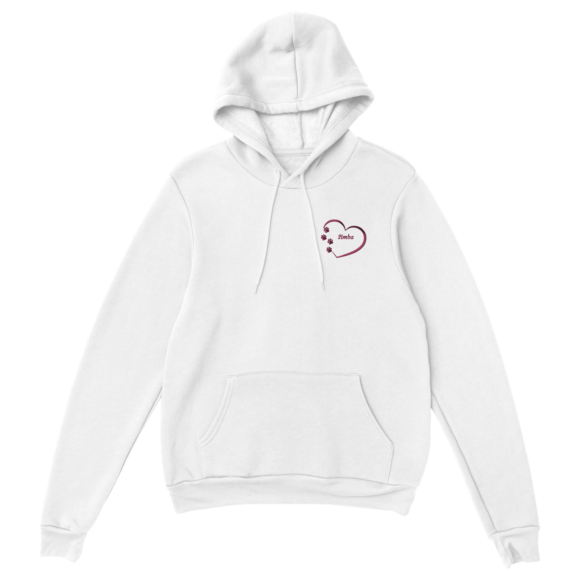 Custom Embroidered White hoodie with a red heart with paw prints design and choice of pet's name on a white background