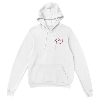 Custom Embroidered White hoodie with a red heart with paw prints design and choice of pet's name on a white background