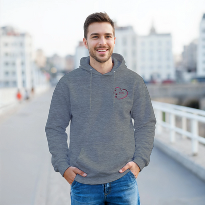 Ash Grey Custom Embroidery, Heart Personalized with Pet's Name on a Pullover Hoodie Sweatshirt on man walking across a bridge