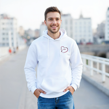  Grey Custom Embroidery, Heart Personalized with Pet's Name on a Pullover Hoodie Sweatshirt on Man walking across a bridge