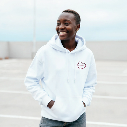 White Custom Embroidery, Heart Personalized with Pet's Name on a Pullover Hoodie Sweatshirt on woman walking in a parking area