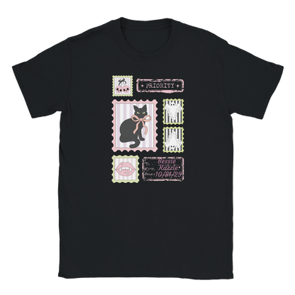 Black t-shirt with a Halloween Coquette black cat-themed design and custom text on a white background