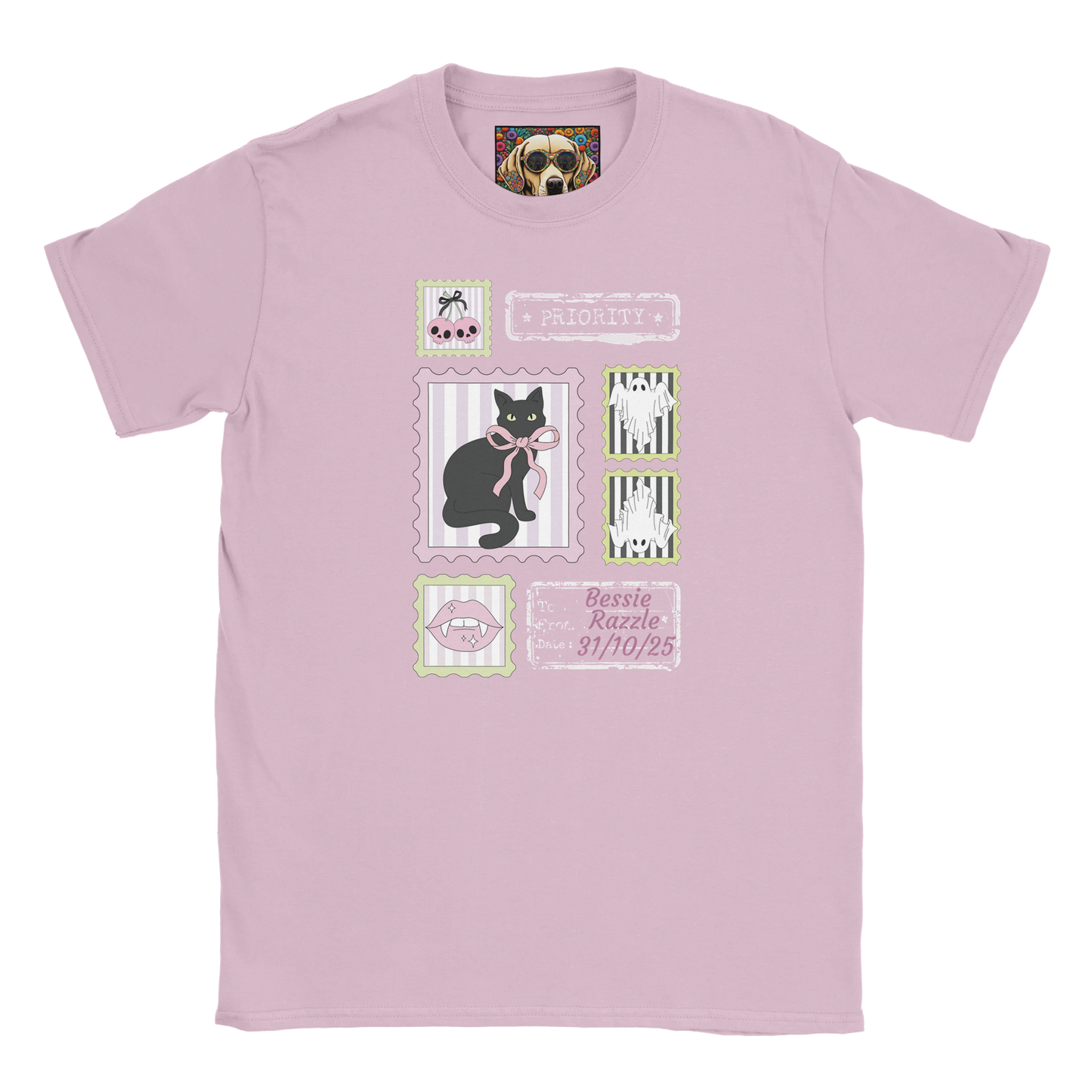 Pink t-shirt with Coquette Halloween black cat stamp design and custom text on a white background