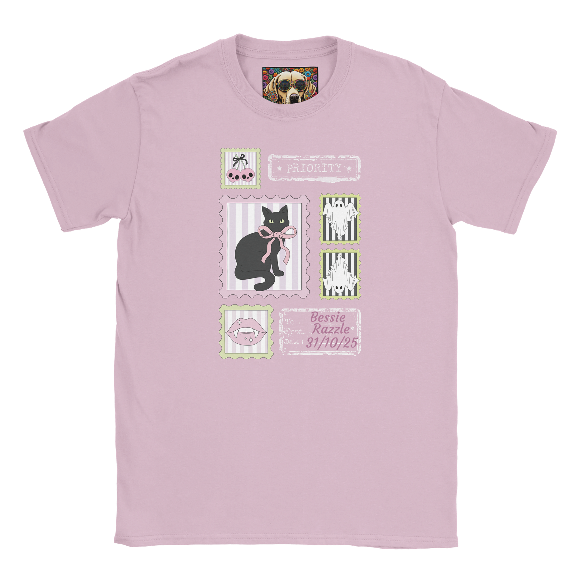 Pink t-shirt with Coquette Halloween black cat stamp design and custom text on a white background