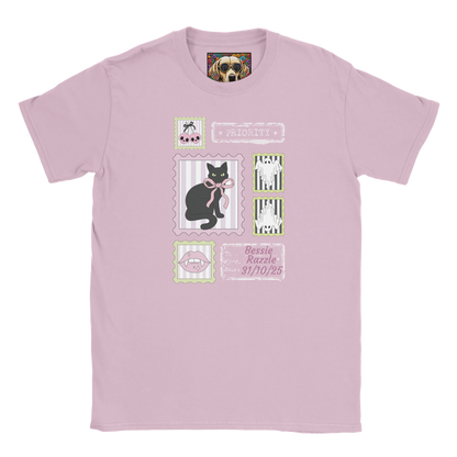 Pink t-shirt with Coquette Halloween black cat stamp design and custom text on a white background