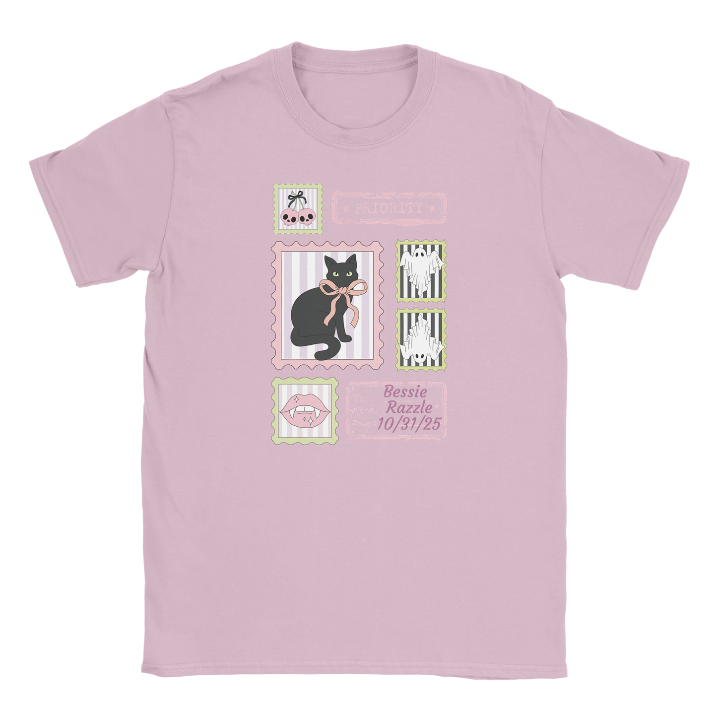 Pink t-shirt with black cat illustrations wrong colour for pink shirt and custom text on a white background