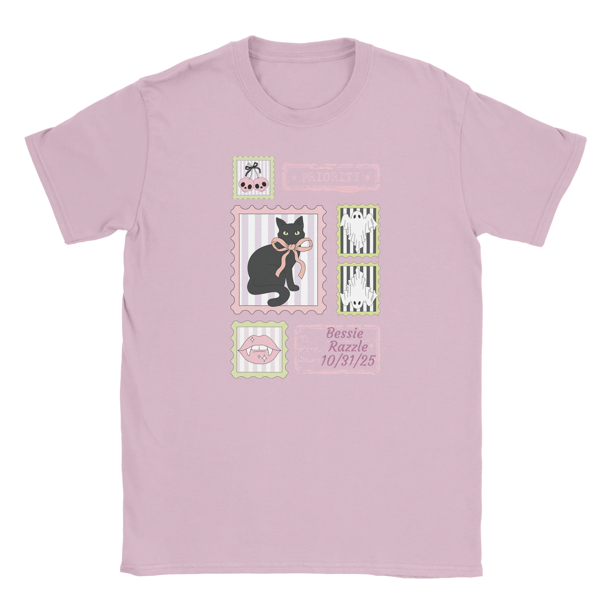 Pink t-shirt with black cat illustrations wrong colour for pink shirt and custom text on a white background