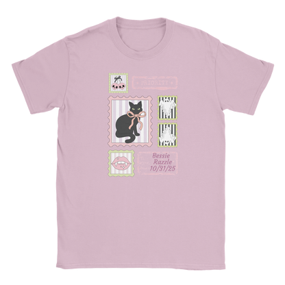 Pink t-shirt with black cat illustrations wrong colour for pink shirt and custom text on a white background
