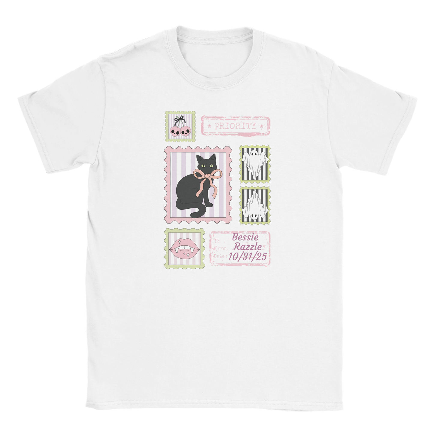 White t-shirt with Halloween black cat design and custom text on a white background