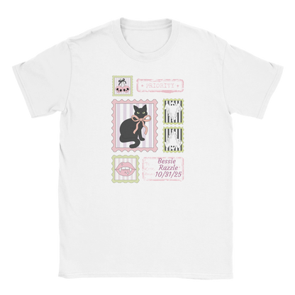White t-shirt with Halloween black cat design and custom text on a white background
