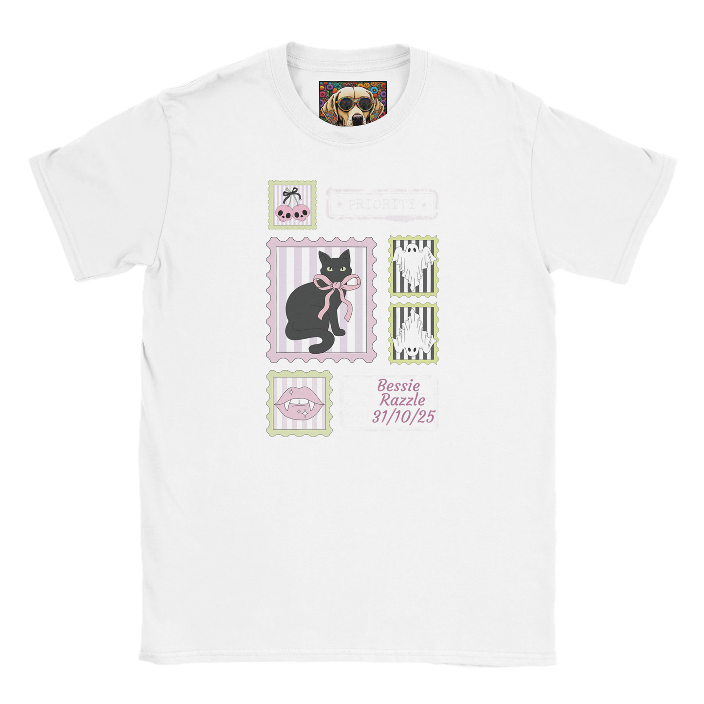 White t-shirt with coquette black cat stamp Halloween design and custom  text on a white background