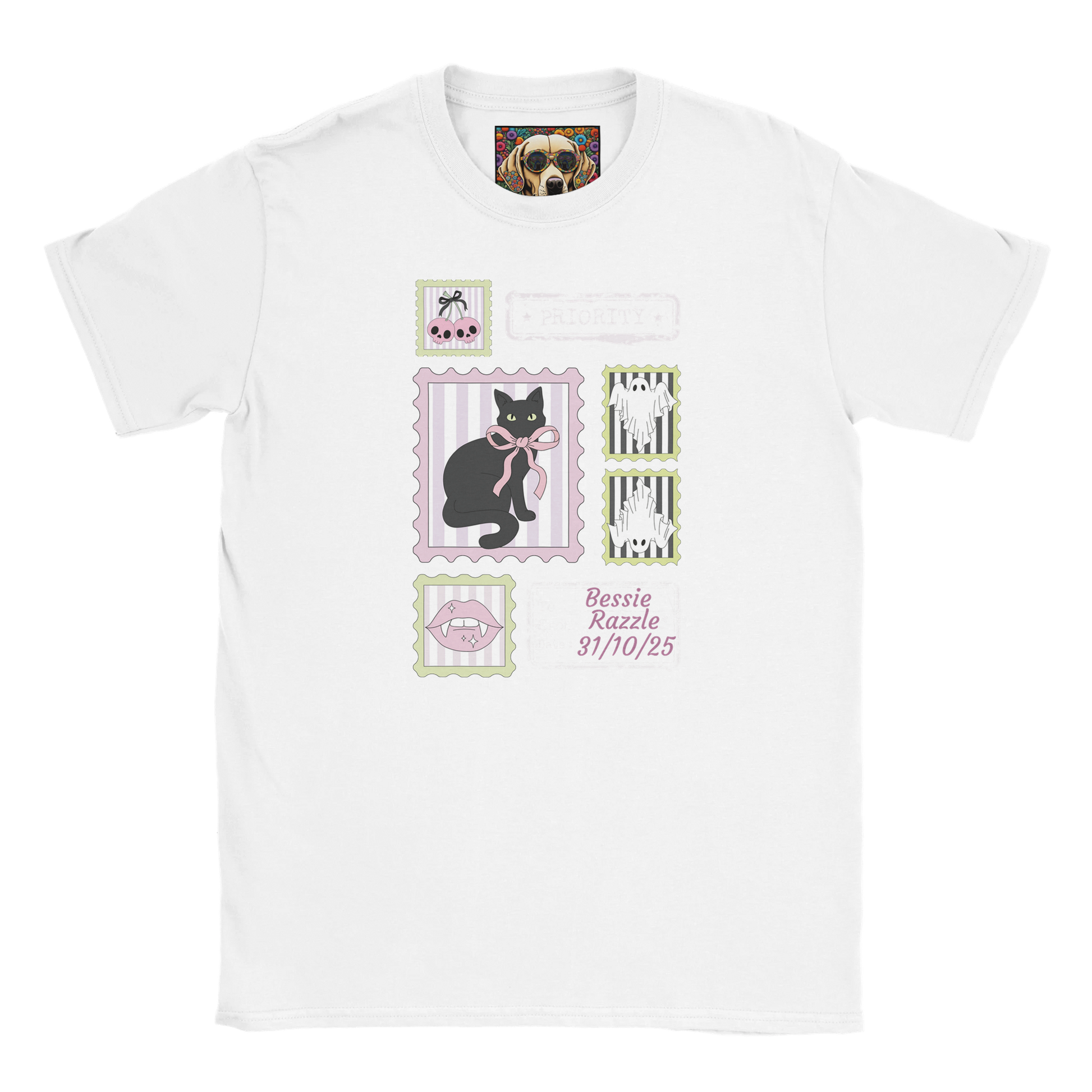 White t-shirt with coquette black cat stamp Halloween design and custom  text on a white background