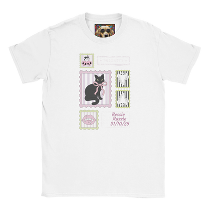 White t-shirt with coquette black cat stamp Halloween design and custom  text on a white background