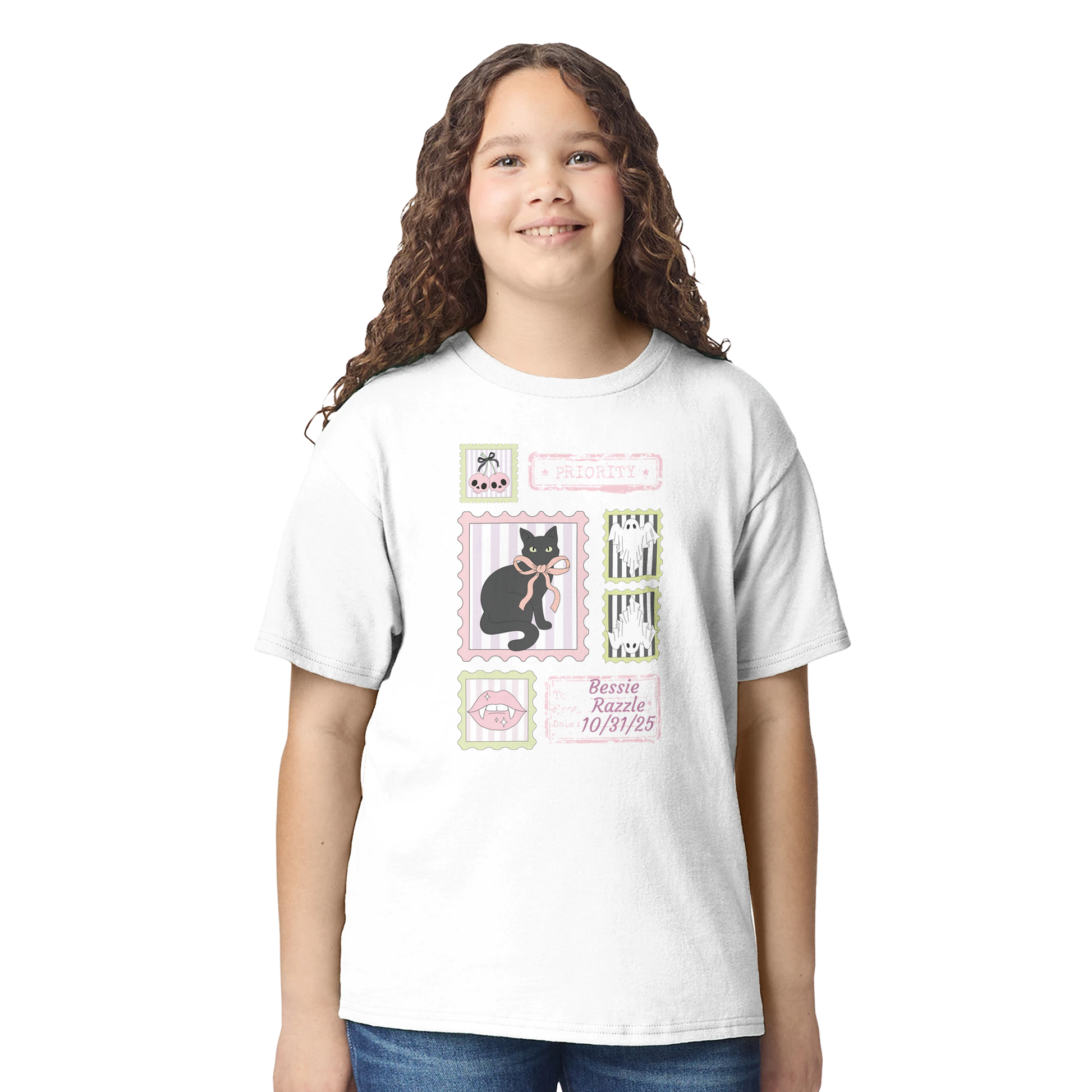 Girl wearing a white t-shirt with a black cat coquette Halloween graphic design on a white background