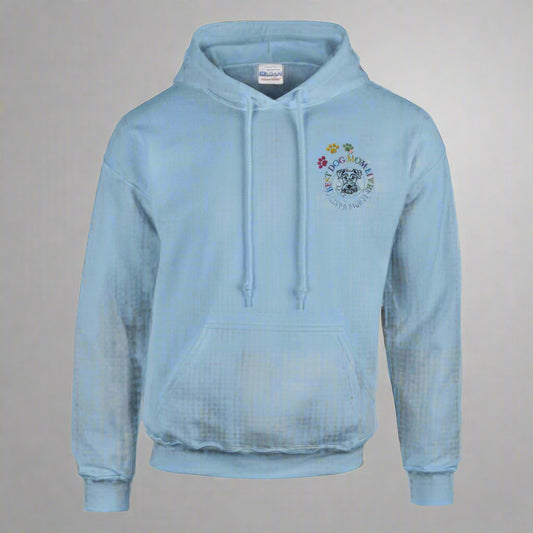 Custom Embroidered Classic Pullover Hoodie | Best Dog Mom Ever! - hood down light blue