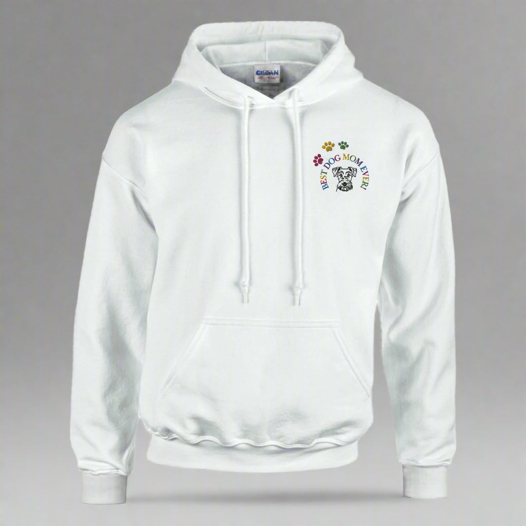 Custom Embroidered Classic Pullover Hoodie | Best Dog Mom Ever! - hood down white