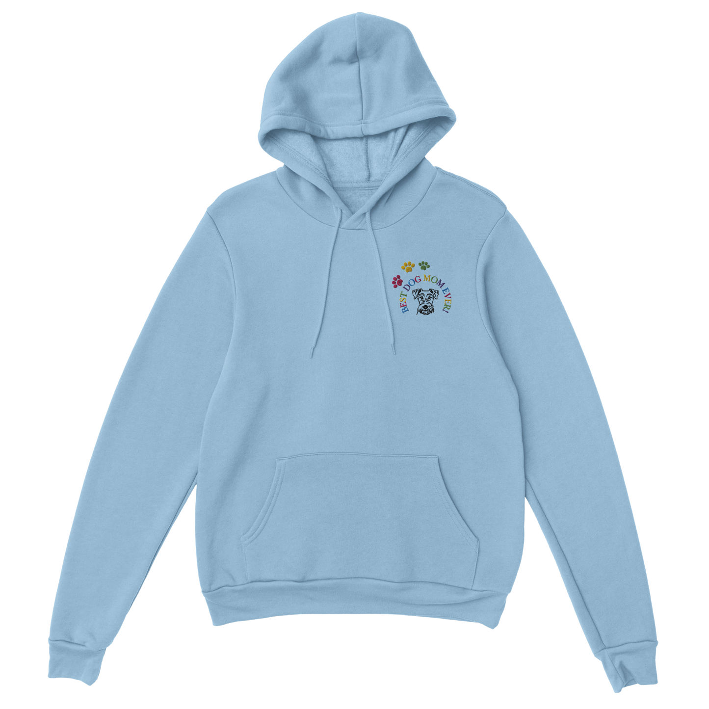 Custom Embroidered Classic Pullover Hoodie | Best Dog Mom Ever! light blue  flat lay no background.