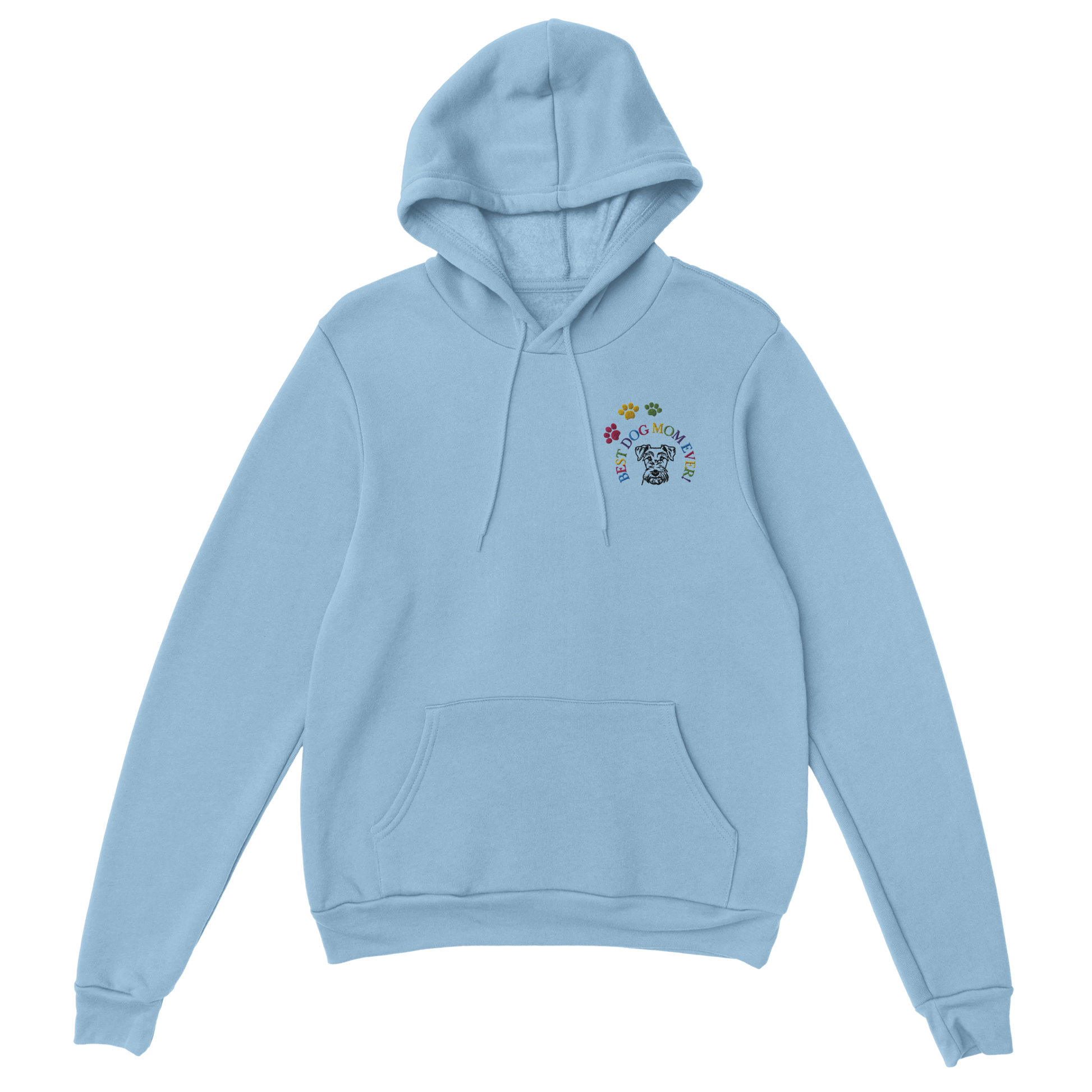 Custom Embroidered Classic Pullover Hoodie | Best Dog Mom Ever! light blue  flat lay no background.