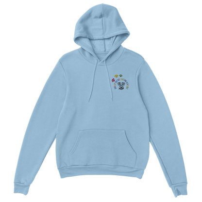 Custom Embroidered Classic Pullover Hoodie | Best Dog Mom Ever! light blue  flat lay no background.