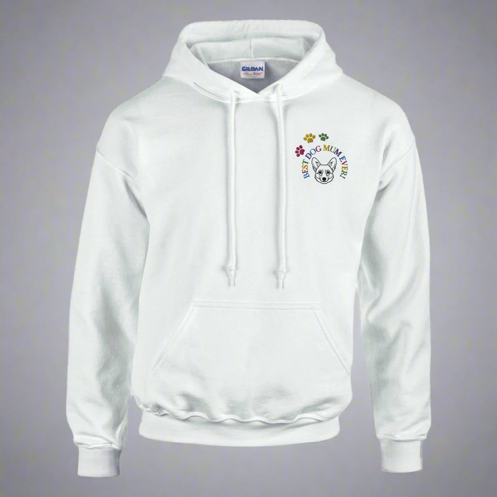 Custom Embroidered Classic Pullover Hoodie | Best Dog Mum Ever! - Mum option hood down white