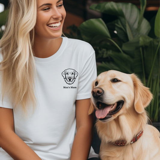 Custom Embroidered Dog Breed and Name T-shirt context white