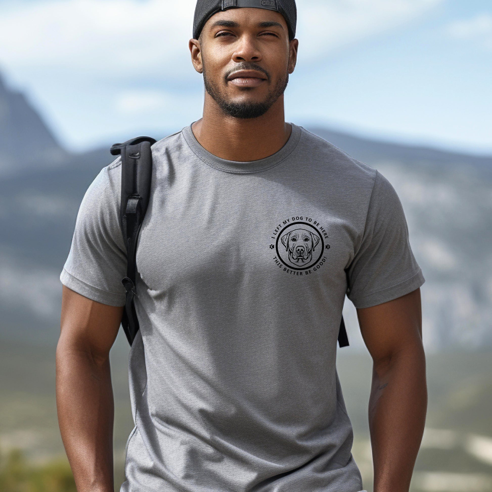Custom Embroidered T-Shirt – 'I LEFT MY DOG TO BE HERE' Circle Design with Dog Breed context Sport Grey